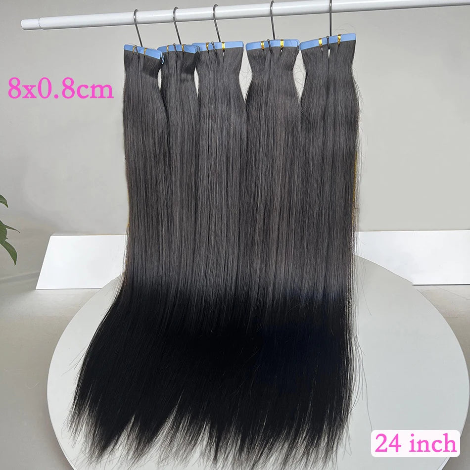 Straight PU Tape In Human Hair Extensions Inject Seamless Invisible Weft Hand Tied Adhesives Tape-Ins #1B Natural 100grams Hair