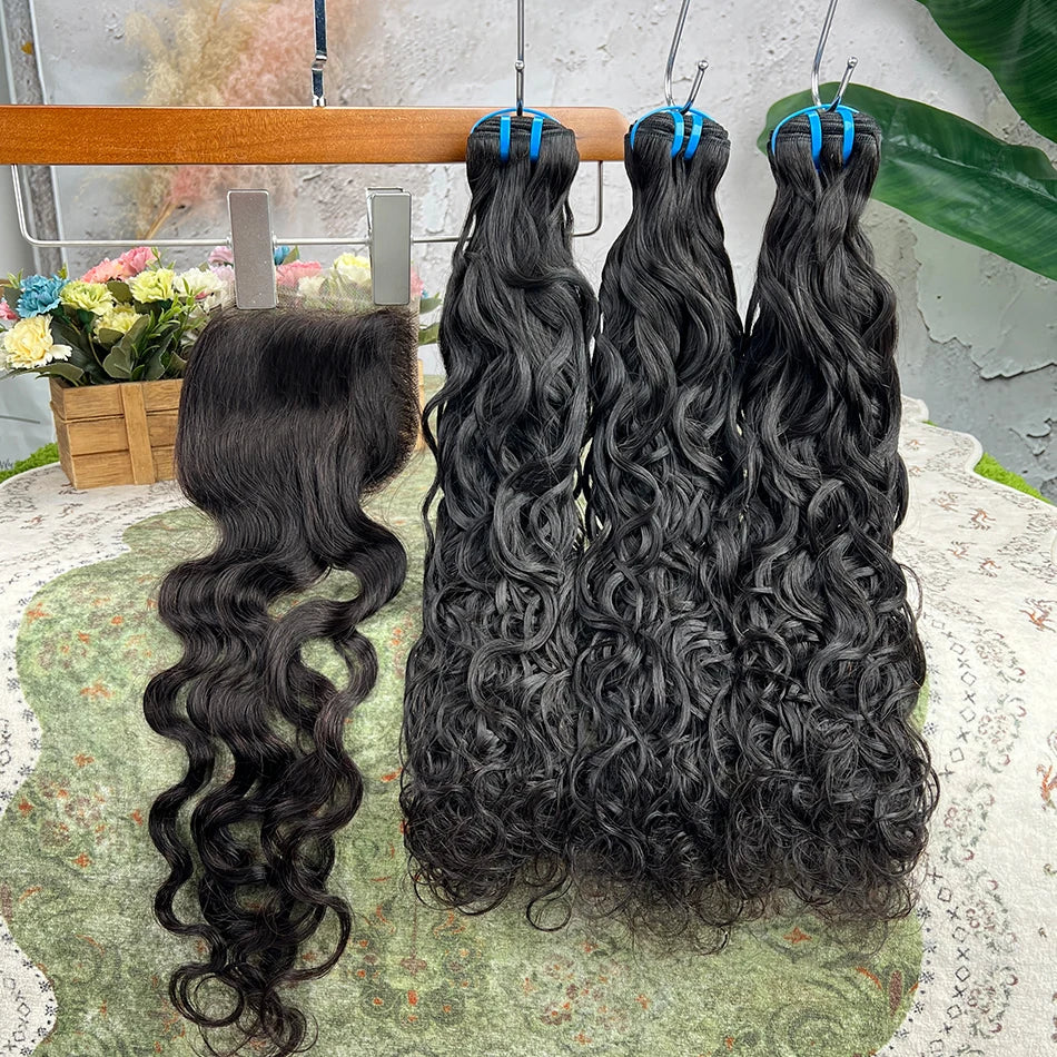 Human Hair Bundles With 4x4 Transparent Lace Closure 18A Natural Wave #1B Natural Black Color 100% Virgin Hair Weave Extensions