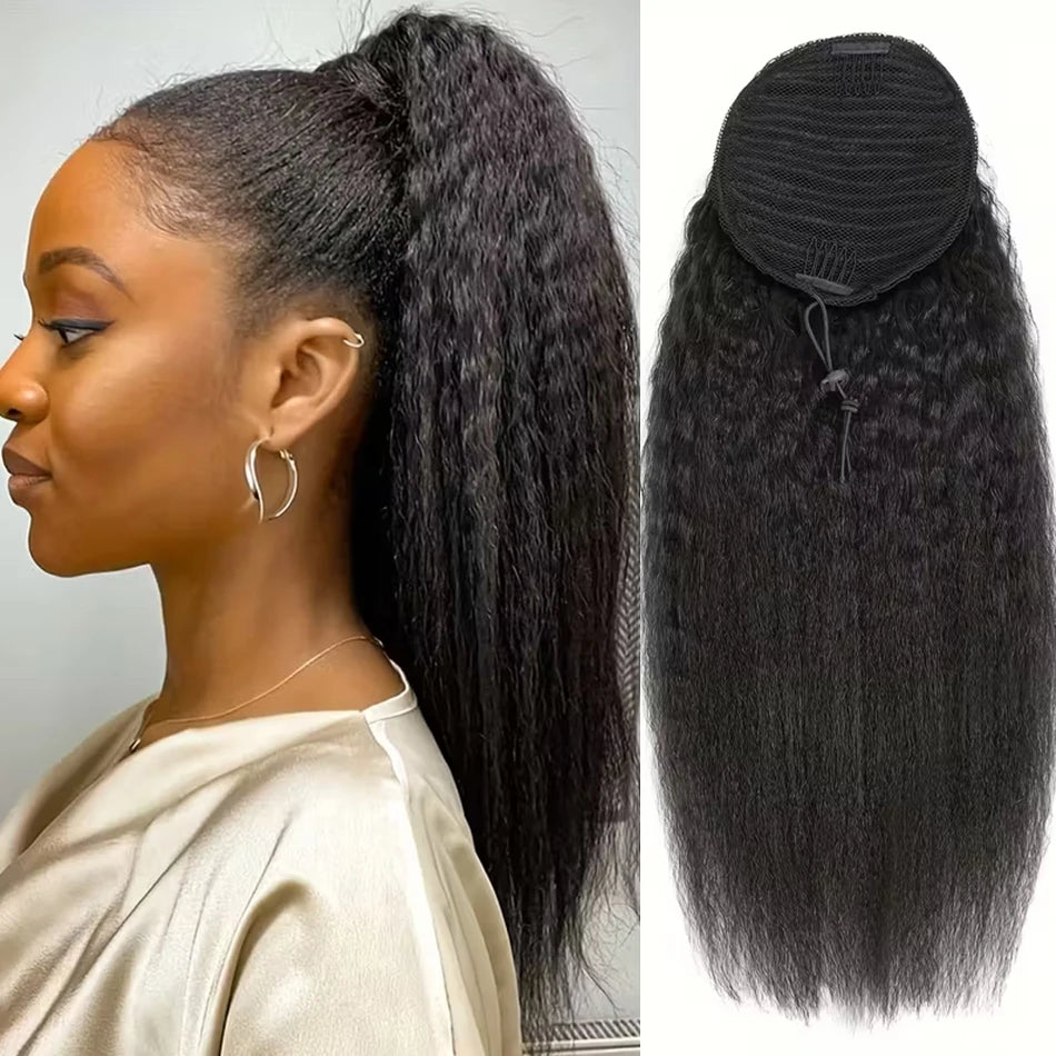 Kinky Straight Drawstring Ponytail — Yaki Clip-In, 12–24 Inch
