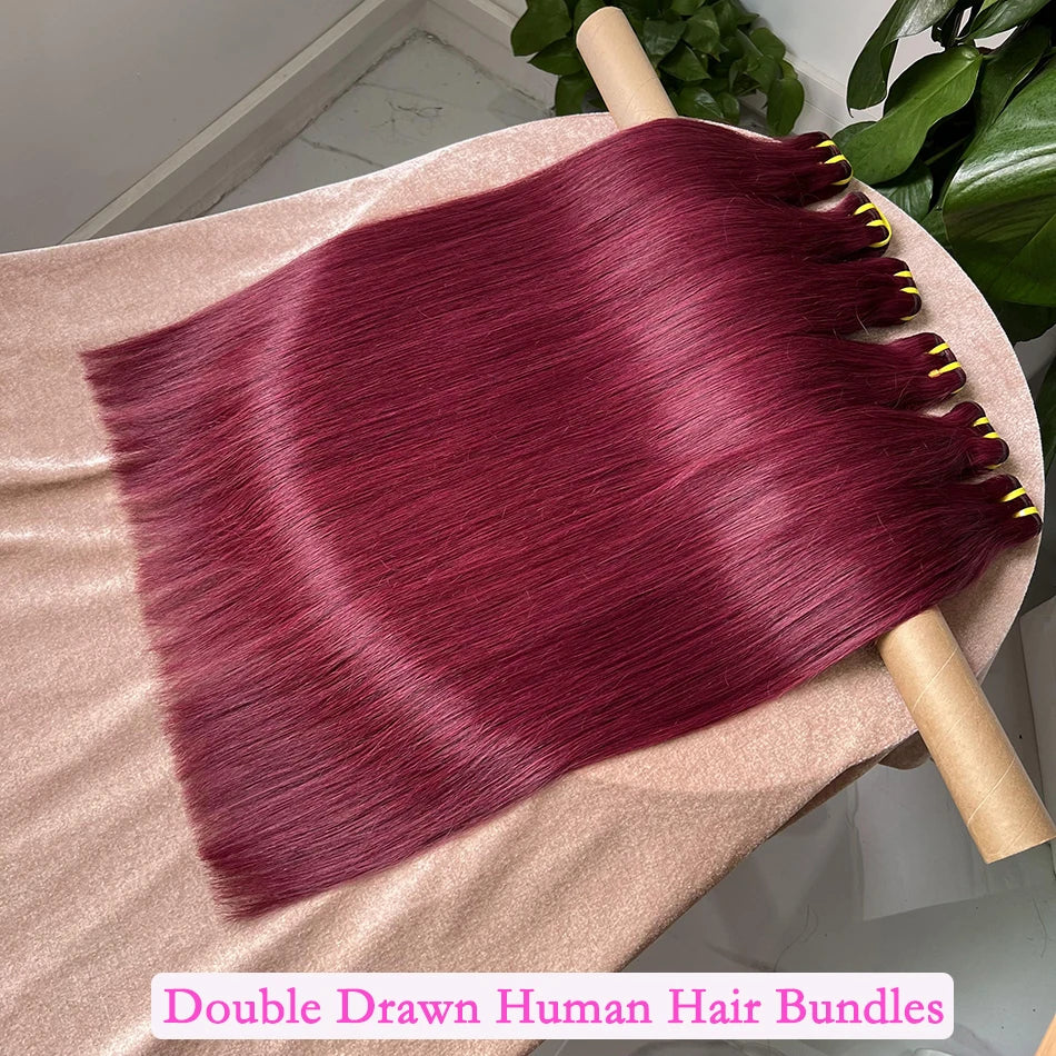 Double Drawn #99j Burgundy Colored Straight Human Hair Bundles 100% Virgin Hair Weaving Extensions 100g 1/2/3/4 pcs For Women