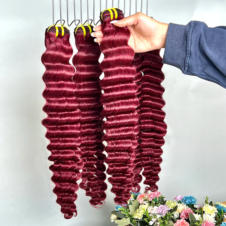 Deep Wave #99j Burgundy Colored Human Hair Bundles 100% Virgin Vietnamese Curl Wavy Hair Weave Extensions 100 Grams Wholesale