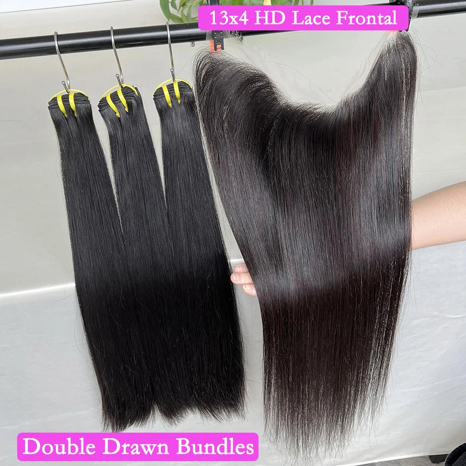 Double Drawn Straight Hair Bundles With 13x4 HD Lace Frontal Natural Color 100% Vietnamese Virgin Human Hair Weave Extensions