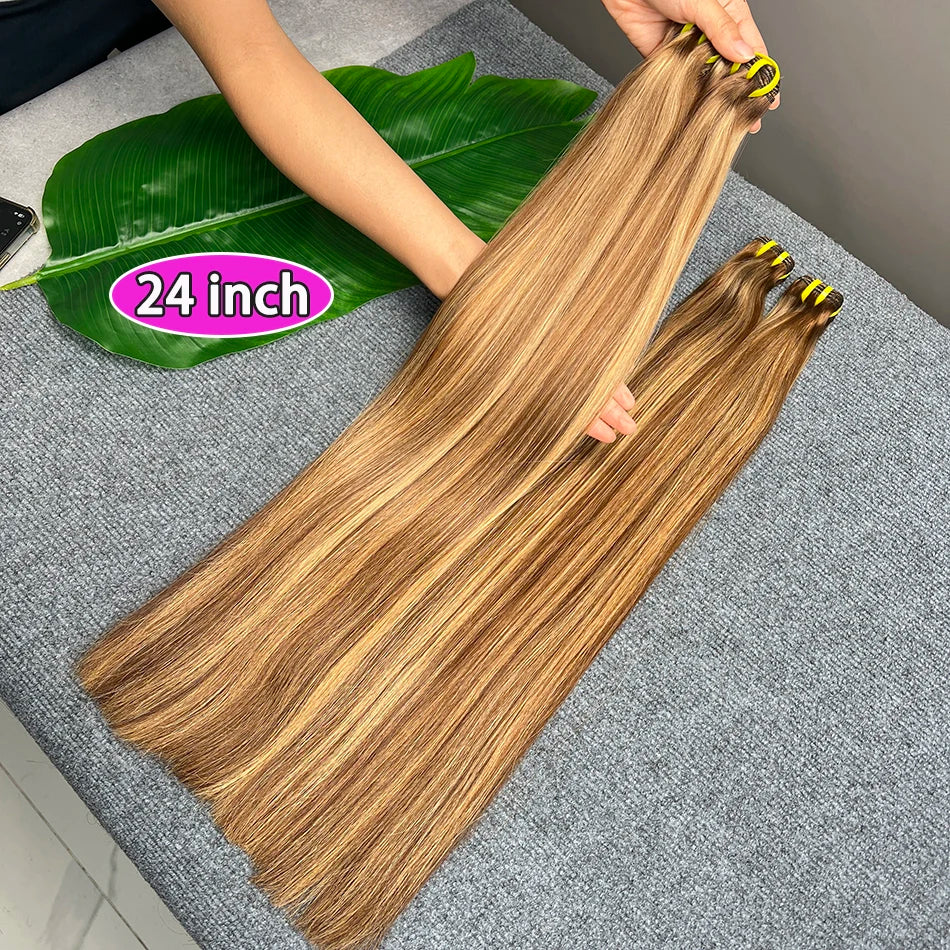 Double Drawn Straight Human Hair Bundles P4/27 Highlight Color Brown Honey Blonde 100% Virgin Hair Weaving Extensions For Women