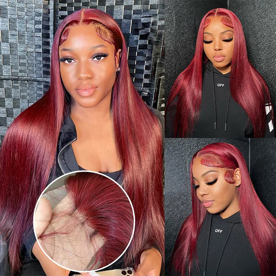 #99J Burgundy Color 13x4 Lace Frontal Wigs 200% Density Human Hair Straight Transparent Lace Preplucked With Baby Hair For Women