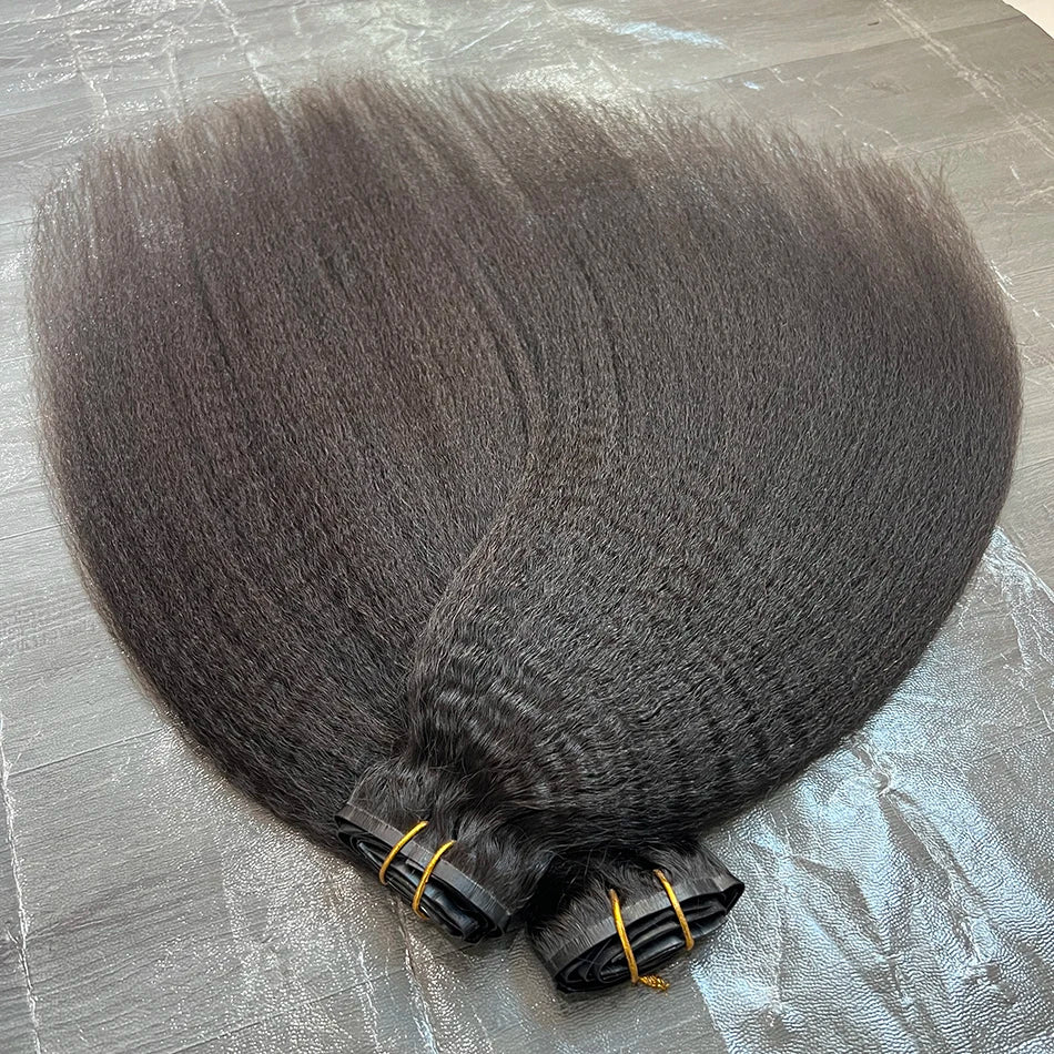Kinky Straight PU Weft Seamless Clip ins Human Hair Extensions Invisible Unprocessed 100g 7Pcs/Set #1B Natural Color Long Hair