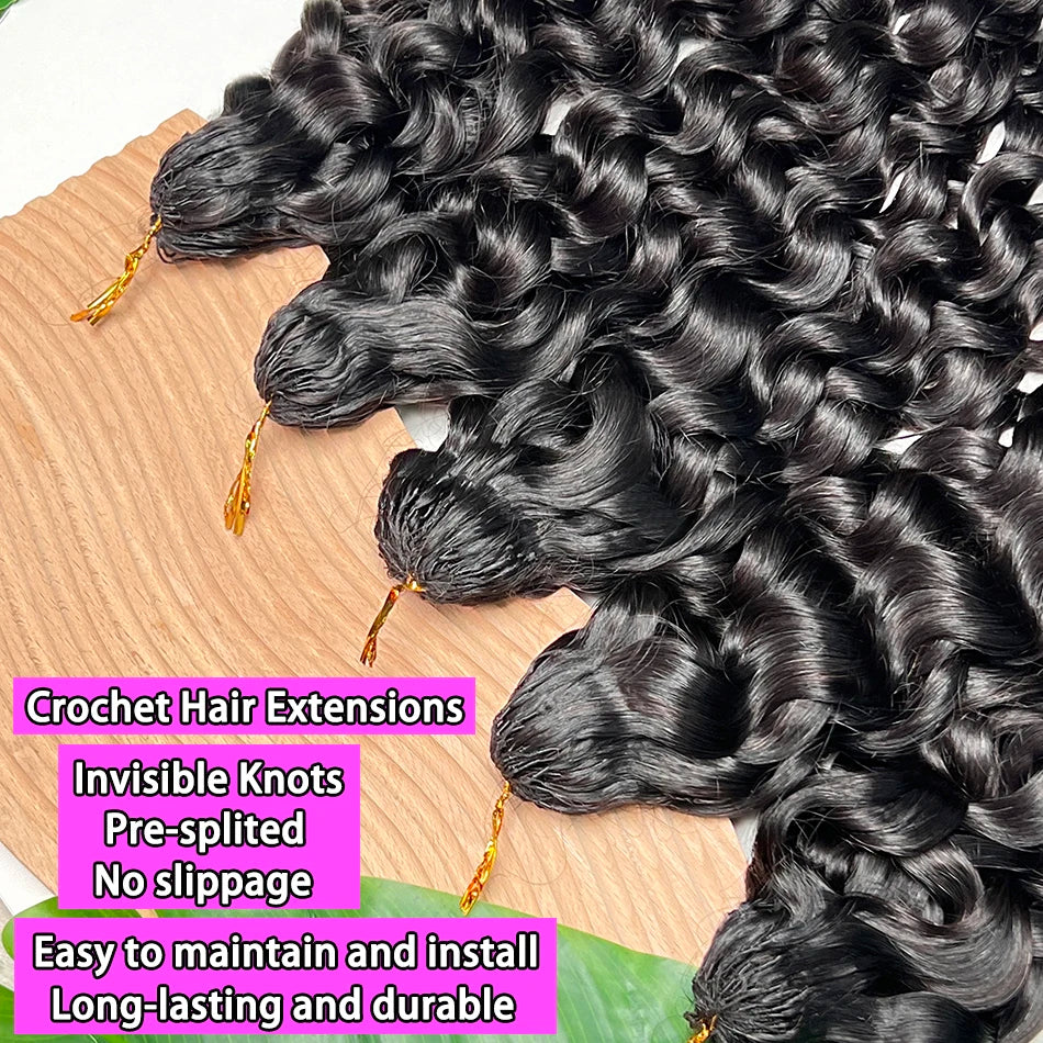 Water Wave Crochet Hair Extensions 100grams/pack Pre-Separated Invisible Knotless Curly Wavy Braids Feather Crochet Human Hair