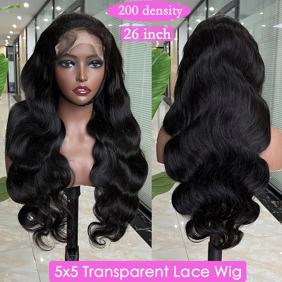 Body Wave 5x5 Hd Lace Closure Wig Human Hair Preplucked Transparent Lace 200 Density Natural Black Color Raw Virgin Hair Wigs