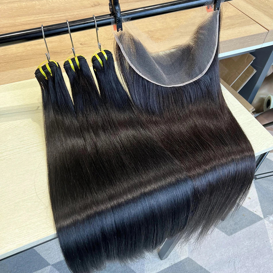 Double Drawn Straight Hair Bundles With 13x4 HD Lace Frontal Natural Color 100% Vietnamese Virgin Human Hair Weave Extensions