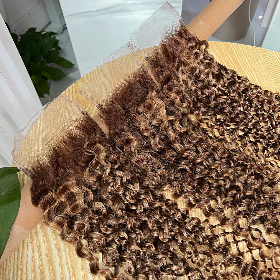 P4/27 Color 4x6 Transparent Lace Closure Deep Curly Highlight Deep Parting Melt Skin Invisible Lace Raw Virgin Curly Human Hair