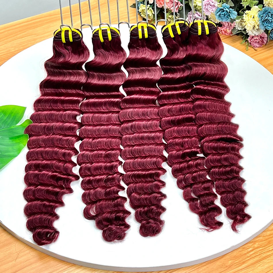 Deep Wave #99j Burgundy Colored Human Hair Bundles 100% Virgin Vietnamese Curl Wavy Hair Weave Extensions 100 Grams Wholesale