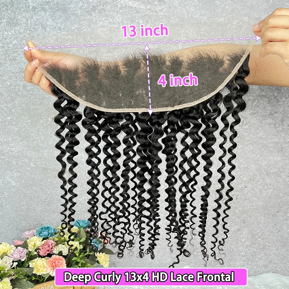 13x4 Hd Lace Frontal Deep Curly Human Hair #1B Natural Color Melt Skin Invisible Lace 100% Raw Virgin Vietnamese Human Hair