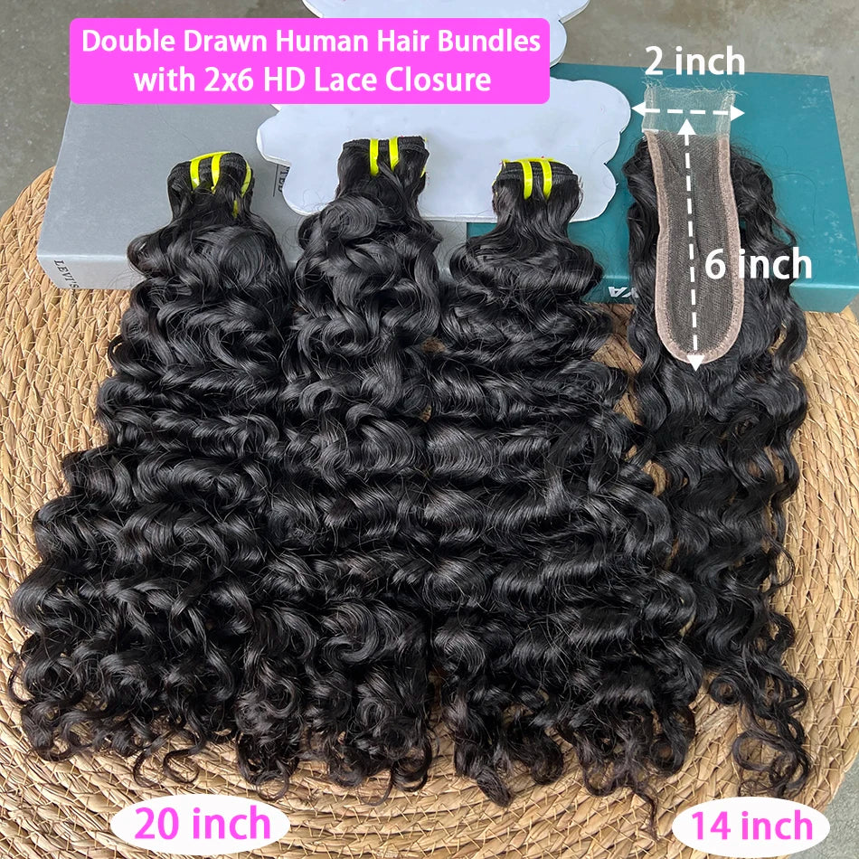 Double Drawn Water Wave Bundles With 2x6 HD Invisible Lace Closure 100% Human Hair Double Weft Virgin Hair Weaving Extensions