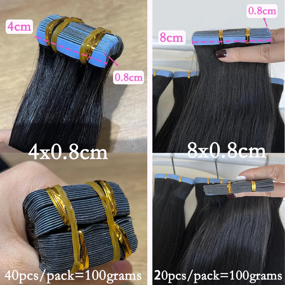 Straight PU Tape In Human Hair Extensions Inject Seamless Invisible Weft Hand Tied Adhesives Tape-Ins #1B Natural 100grams Hair