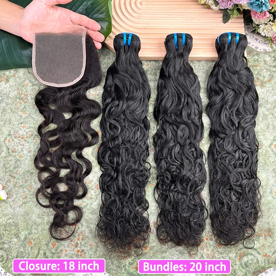Human Hair Bundles With 4x4 Transparent Lace Closure 18A Natural Wave #1B Natural Black Color 100% Virgin Hair Weave Extensions