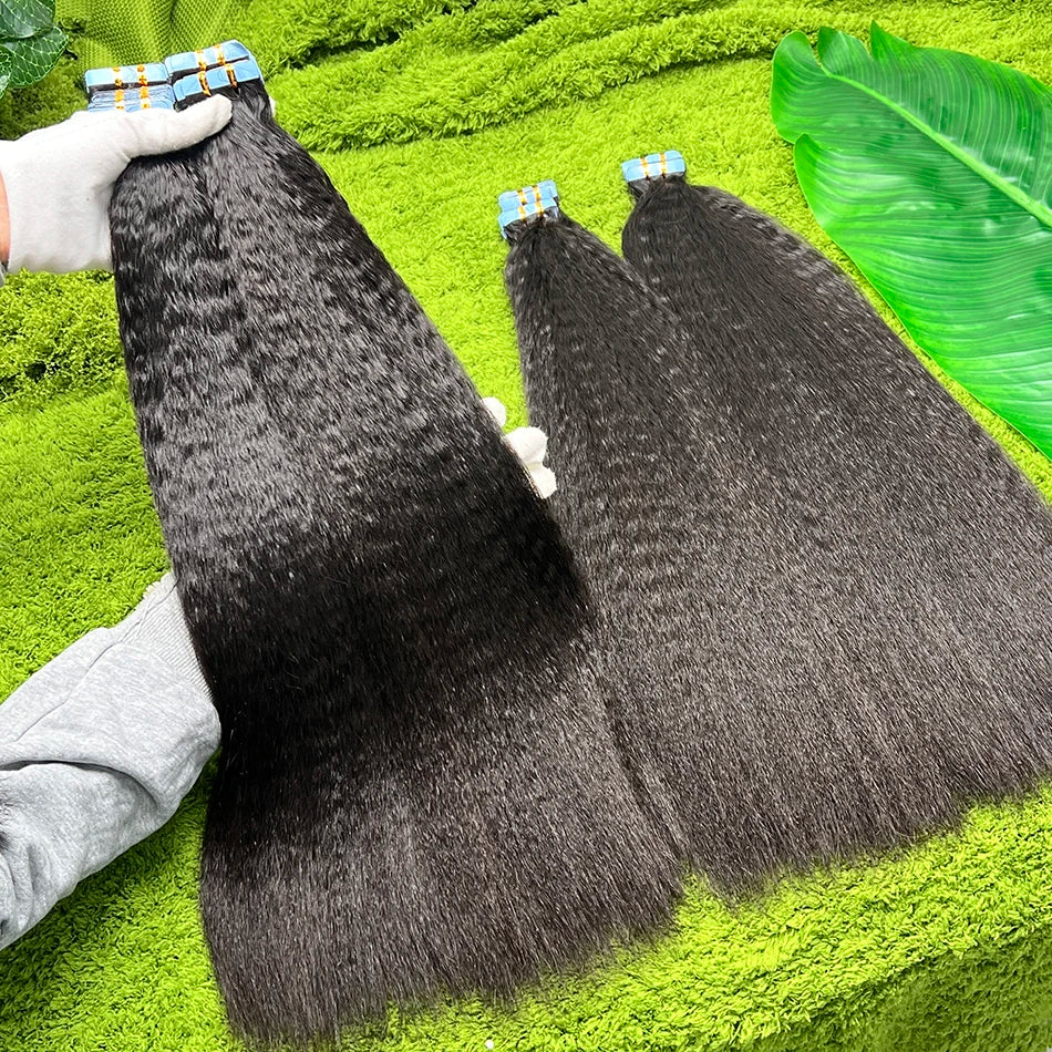 Kinky Straight Double Drawn Tape-Ins 100% Human Hair Extensions Seamless Invisible PU Tape 100grams #1B Natural Color Hair
