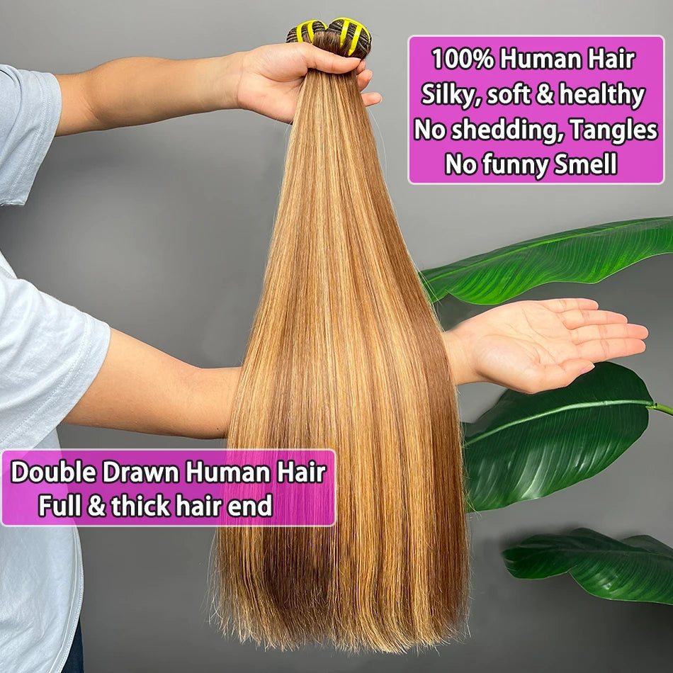 Double Drawn Straight Human Hair Bundles P4/27 Highlight Color Brown Honey Blonde 100% Virgin Hair Weaving Extensions For Women