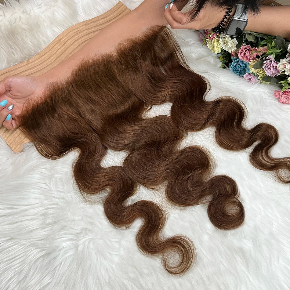 #4 Brown Color Body Wave 13x4 HD Lace Frontal Human Hair Preplucked Bleached Knots Melt Skin Invisible Lace 100% Human Hair