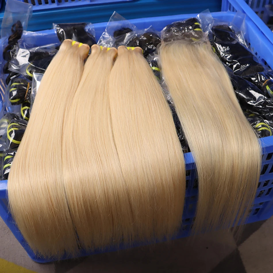 Blonde #613 Color Human Hair Bundles With 4x4 HD Lace Closure 13x4 Frontal Straight Unprocessed Raw Vietnamese Weave Extensions