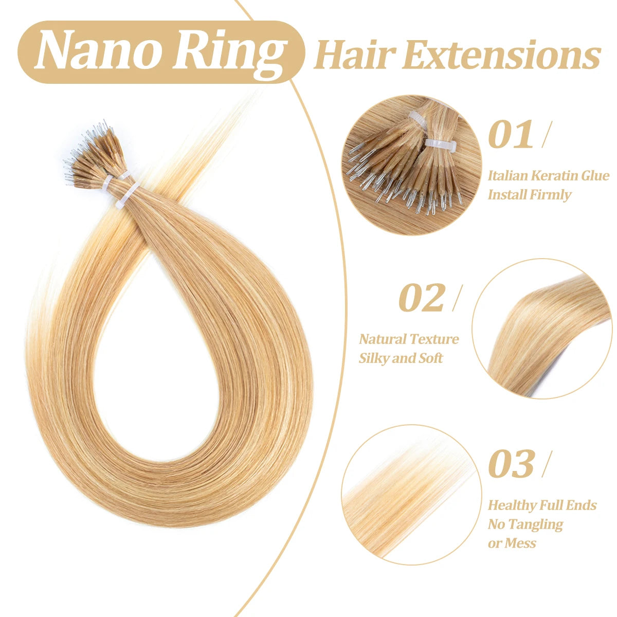 Nano Tip Human Hair Extensions – Ash & Bleach Blonde Balayage, 16–20″, 30g (50 Strands)