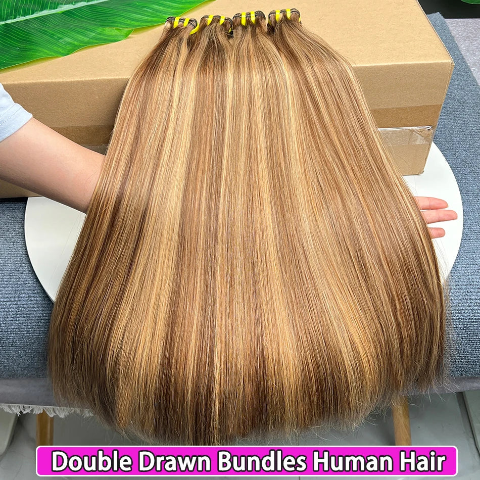 Double Drawn Straight Human Hair Bundles P4/27 Highlight Color Brown Honey Blonde 100% Virgin Hair Weaving Extensions For Women