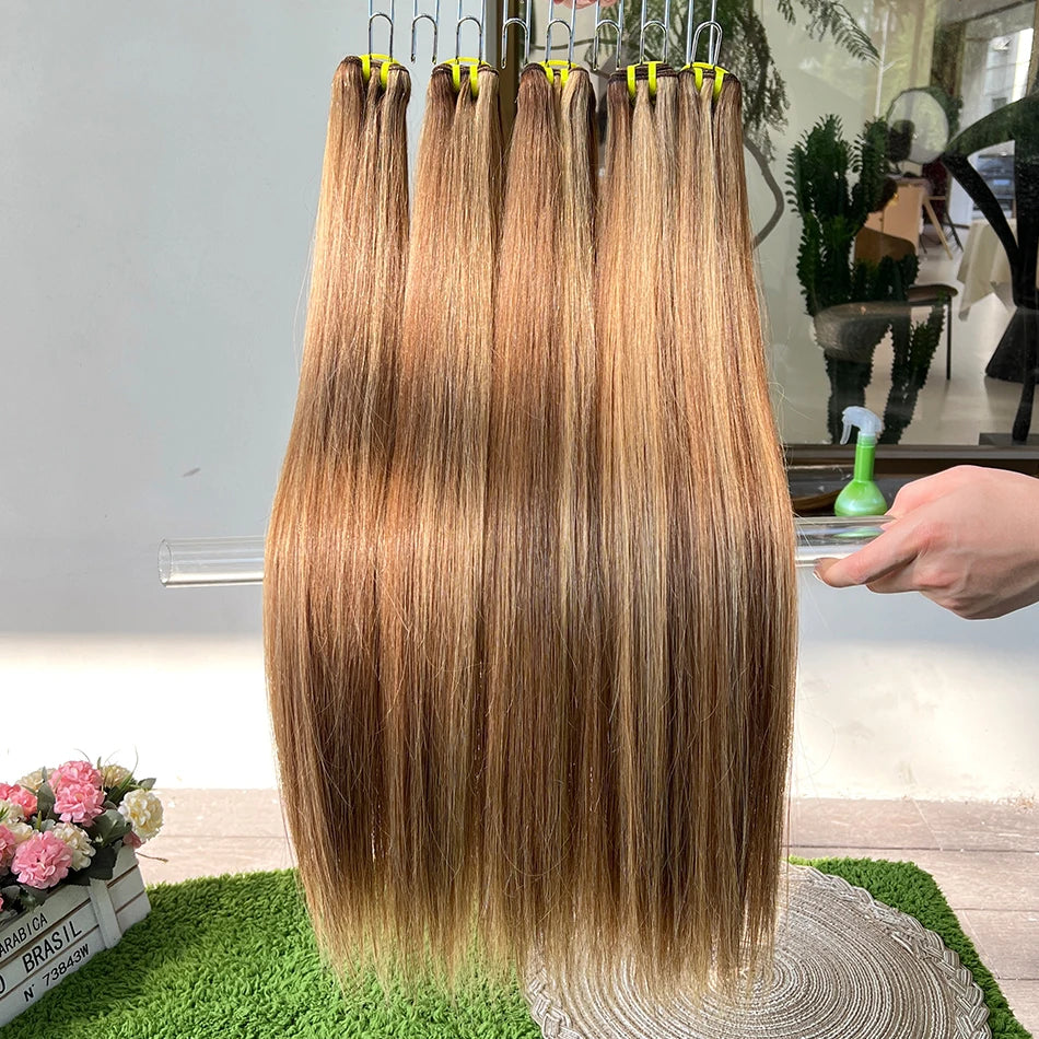 Highlight Color P4/27 Straight Human Hair Bundles Honey Blonde Brown 100 Grams 100% Virgin Hair Weaving Extensions For Women