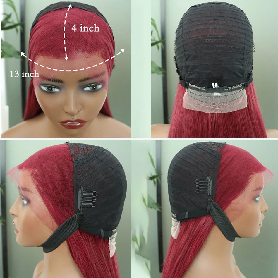 #99J Burgundy Color 13x4 Lace Frontal Wigs 200% Density Human Hair Straight Transparent Lace Preplucked With Baby Hair For Women