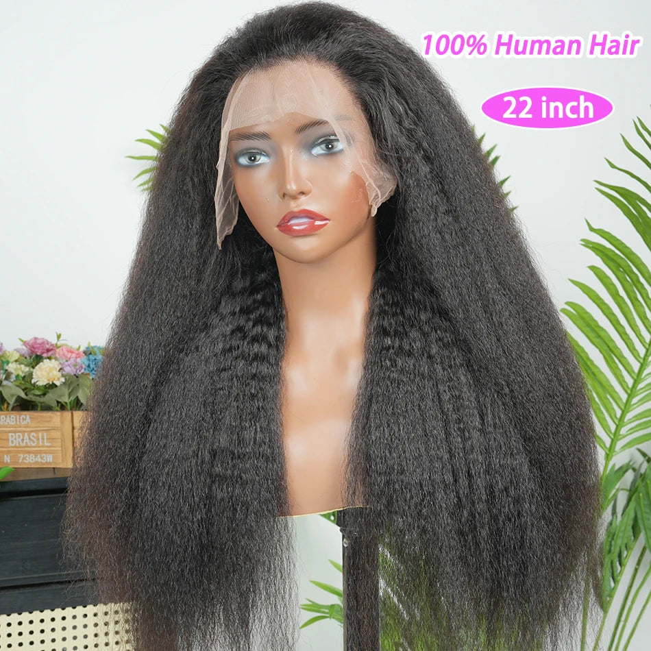 Kinky Straight 13x4 Transparent Lace Frontal Wigs Human Hair 200% Density #1B Natural Black Color Preplucked Lace Front Wig
