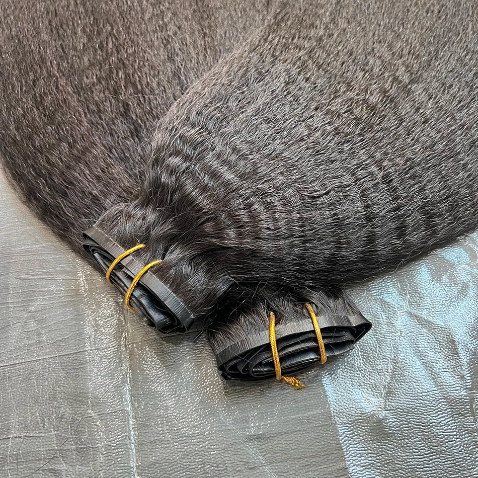 Kinky Straight PU Weft Seamless Clip ins Human Hair Extensions Invisible Unprocessed 100g 7Pcs/Set #1B Natural Color Long Hair