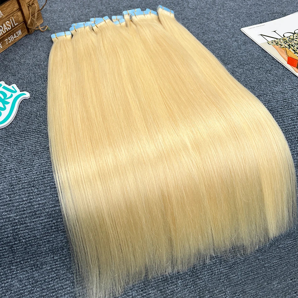 Straight #613 Blonde Colored Invisible PU Tape Ins 100% Human Hair Extensions Seamless PU Weft Adhesives 100grams Tape-Ins Hair