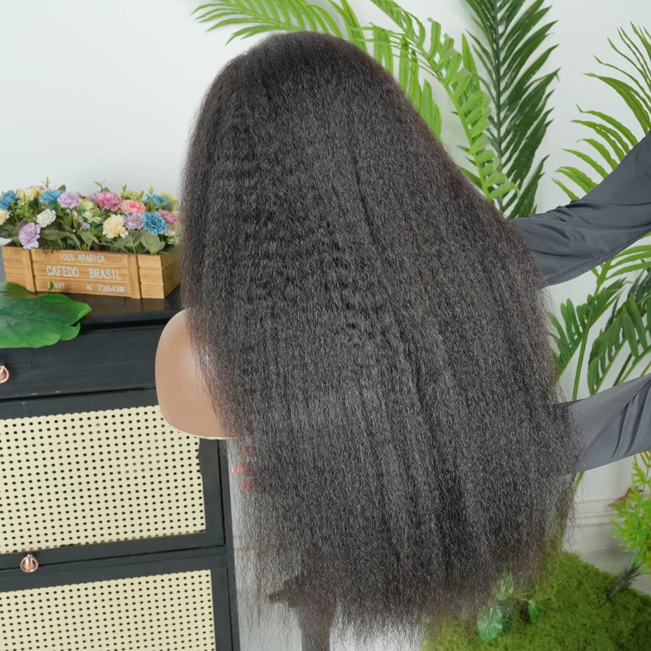 Kinky Straight 13x4 Transparent Lace Frontal Wigs Human Hair 200% Density #1B Natural Black Color Preplucked Lace Front Wig