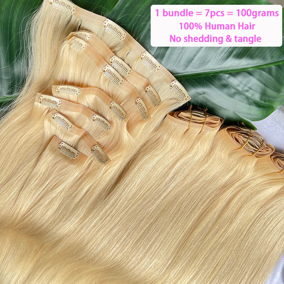 Straight #613 Blonde Color PU Weft Seamless Clips in Human Hair Extensions Invisible 100grams 7Pcs/Set Full Head Virgin Hair
