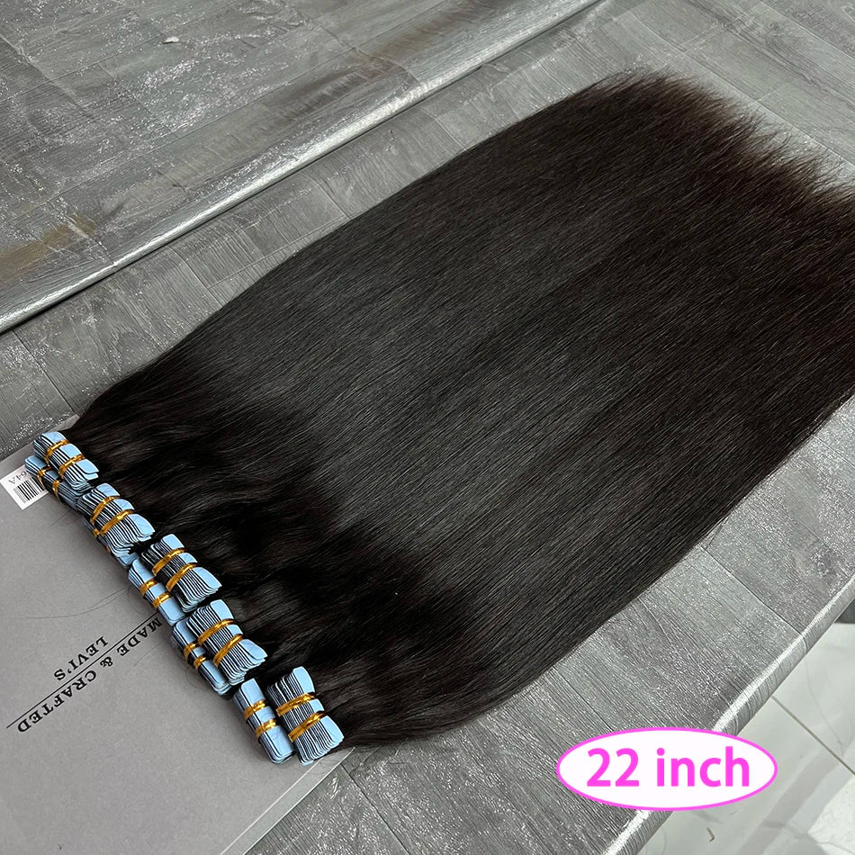 Straight PU Tape In Human Hair Extensions Inject Seamless Invisible Weft Hand Tied Adhesives Tape-Ins #1B Natural 100grams Hair