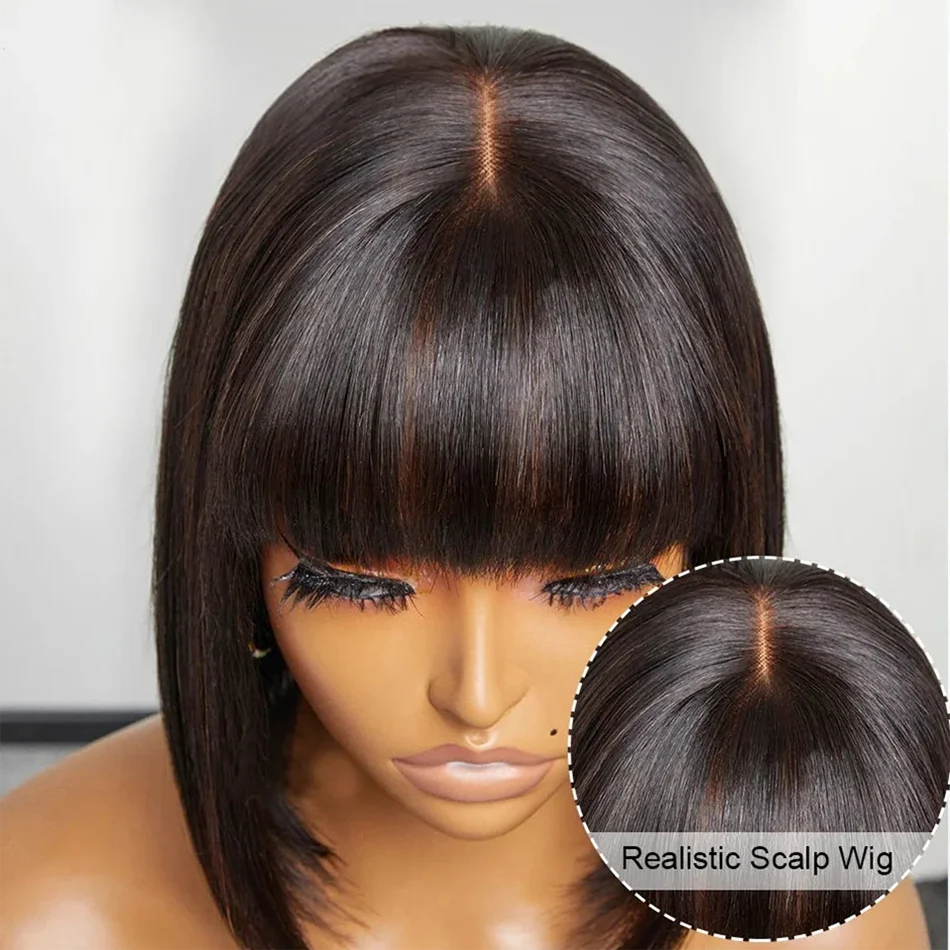 1x4 Lace Glueless Short Bob Wig With Bangs Fringe Straight Wigs Human Hair Bob With Bangs Realistic Scalp 200% Density For Women