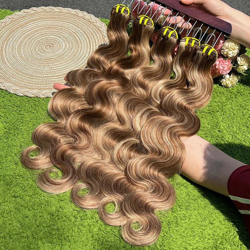 P4/27 Highlight Colored Body Wave Human Hair Bundles Honey Blonde 10-30 Inch 100grams/Bundle 100% Virgin Hair Weaving Extensions