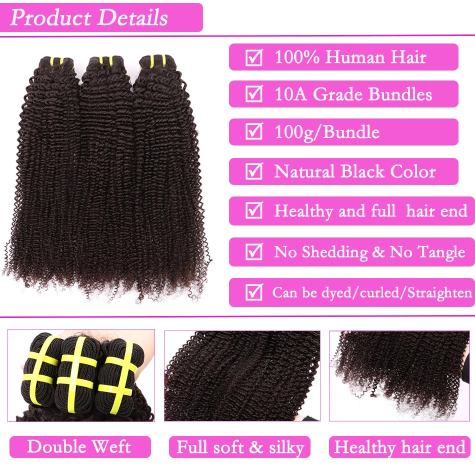 Kinky Curly 100% Human Hair Bundles Weave Extensions #1B Natural Black Color 100grams/PC 10-30inch Unprocessed Virgin Human Hair