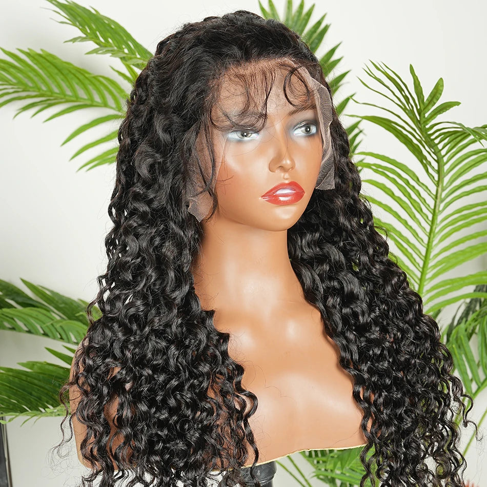 13x4 Transparent Lace Frontal Wigs Water Wave Human Hair 200% Density #1B Natural Black Color Preplucked Lace Front Wig