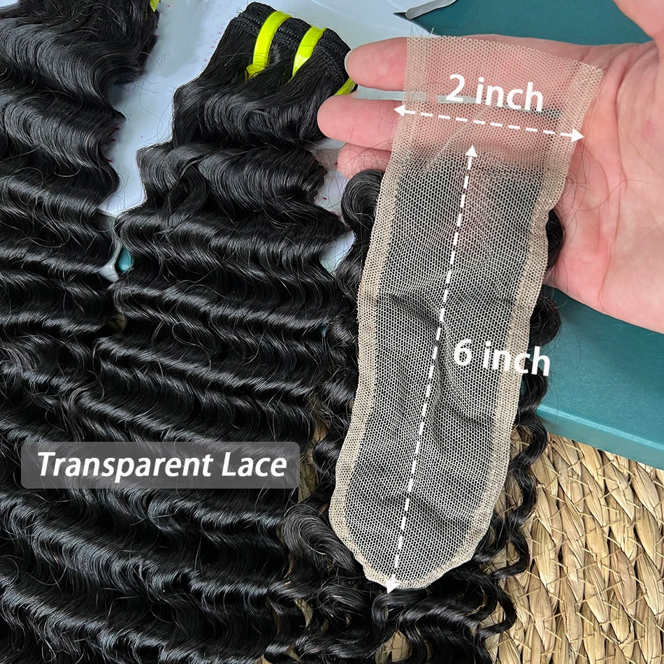 Double Drawn Deep Curly Hair Bundles With 2x6 Transparent Lace Closure Bleached Knots Lace 100% Raw Human Hair Weave Extensions