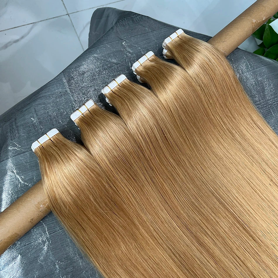 Straight #27 Colored Invisible PU Tape Ins 100% Human Hair Extensions Seamless PU Skin Weft Adhesives 100grams Tape-Ins Hair