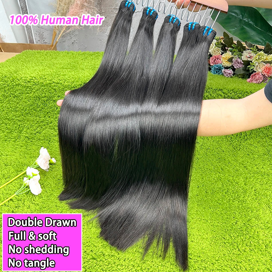 Double Drawn Bone Straight 100% Human Hair Bundles Weave 18A Raw Virgin Hair Extensions #1B Natural Black Color Can Bleach #613