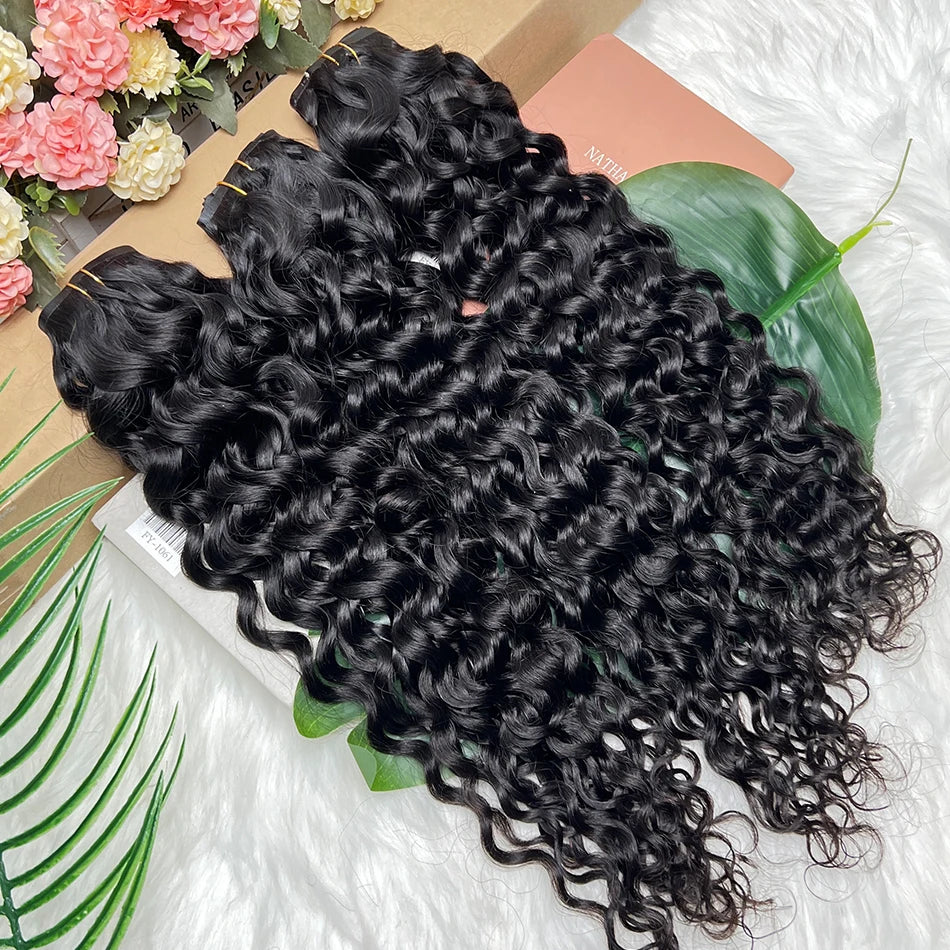 Water Wave Clips in Human Hair Extensions Seamless PU Weft Invisible 100grams 7Pcs/Set Full Unprocessed Raw Hair Natural Color