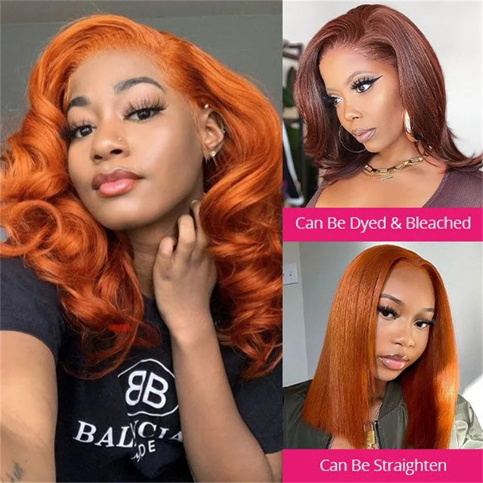 Ginger Orange Body Wave Bob Wig — 13x4 Lace Frontal, 180% Density