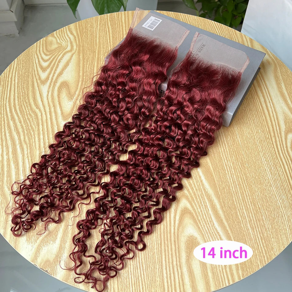 #99j Burgundy Color Deep Curly 4x6 Inch Transparent Lace Closure Human Hair Melt Skin Invisible Bleached Knots Invisible Lace