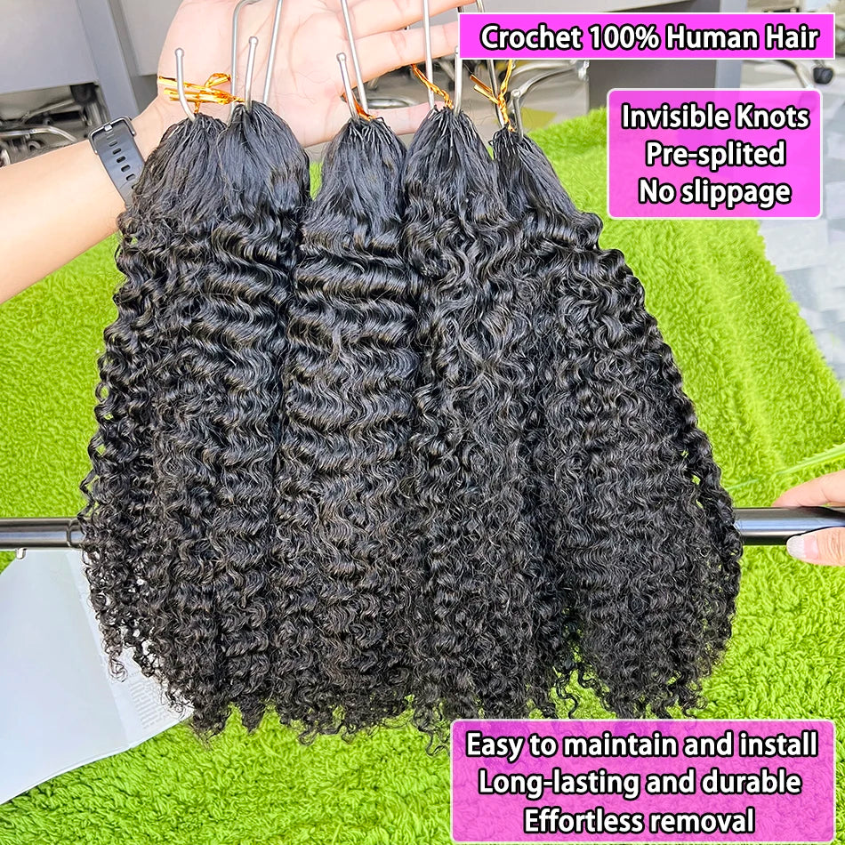 4B Curly Crochet Human Hair Extensions Pre-Separated Invisible Knotless #1B Natural Color Afro Kinky Curly Braids Crochet Hair