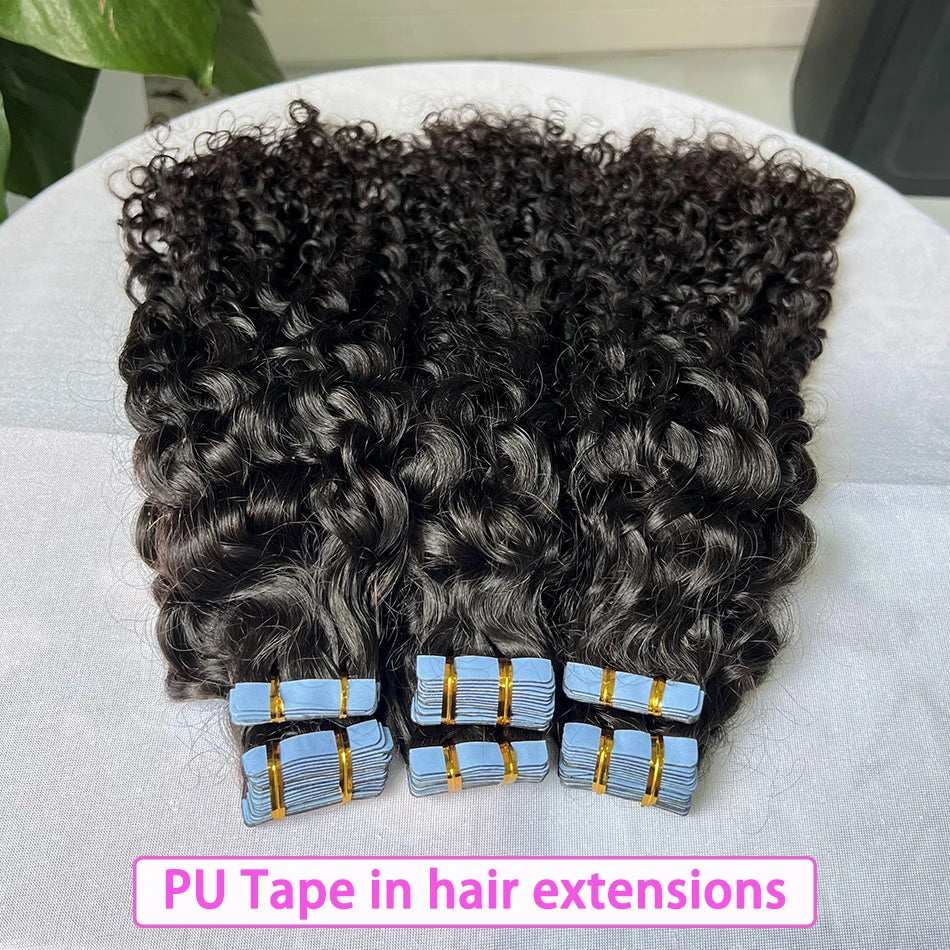 PU Tape In Hair Extensions Deep Curly Human Hair 4x0.8 cm Seamless Weft Hand Tied Adhesives Tape-Ins 100grams Wavy Virgin Hair