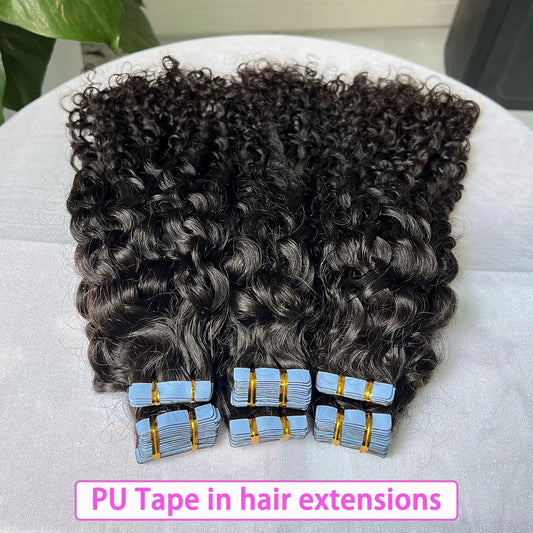 PU Tape In Hair Extensions Deep Curly Human Hair 4x0.8 cm Seamless Weft Hand Tied Adhesives Tape-Ins 100grams Wavy Virgin Hair