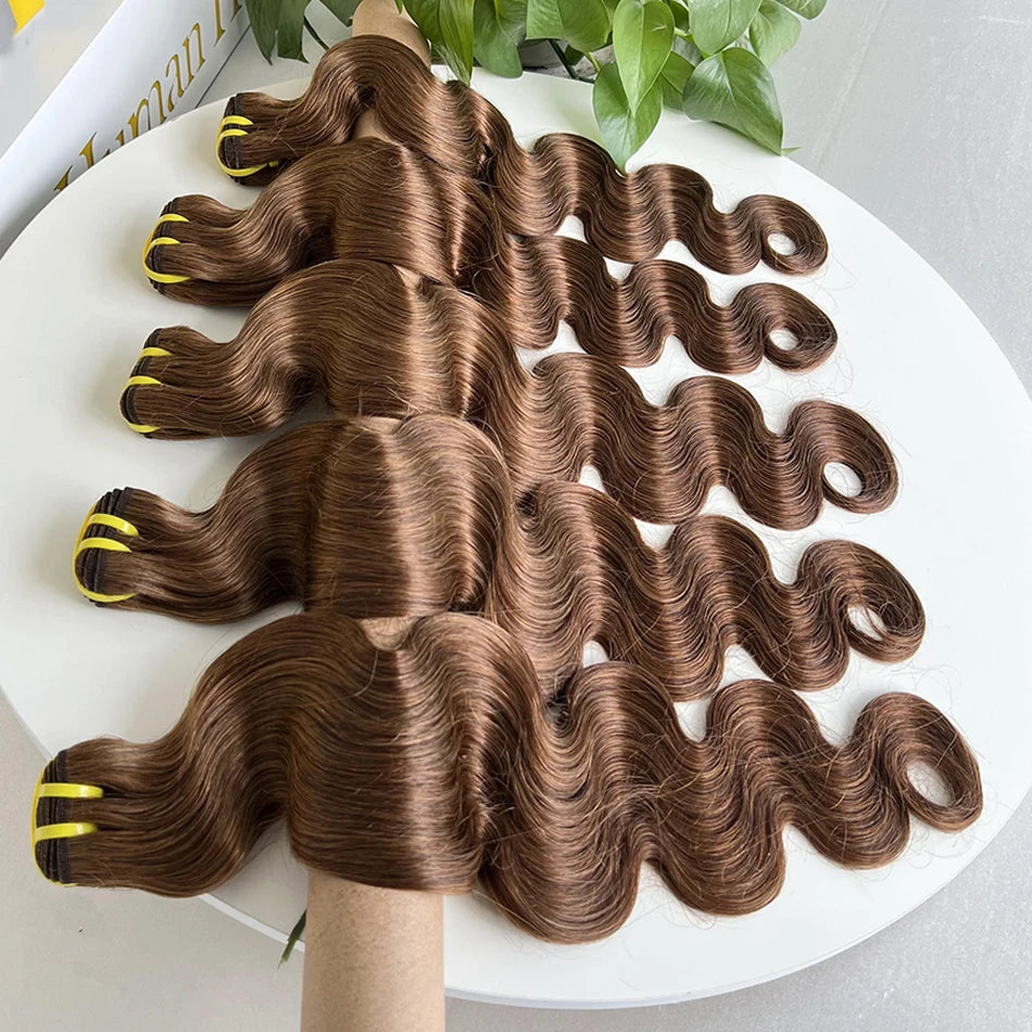 #4 Brown Colored Body Wave Human Hair Bundles 100% Virgin Human Hair Extensions Weaving Wavy 100 Grams 18-30 Inch For Women