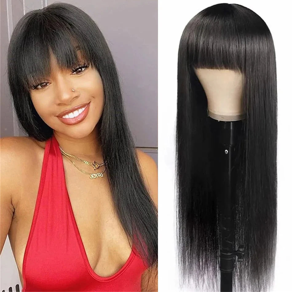 Silky Straight Wig with Bangs — Full Machine Made, Remy Hair