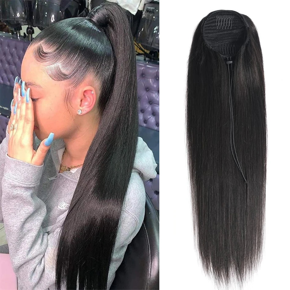 Kinky Straight Drawstring Ponytail — Yaki Clip-In, 12–24 Inch