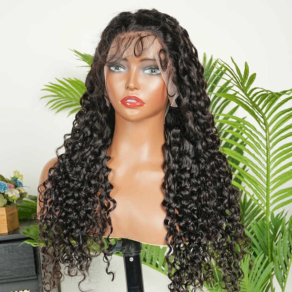 13x4 Transparent Lace Frontal Wigs Water Wave Human Hair 200% Density #1B Natural Black Color Preplucked Lace Front Wig