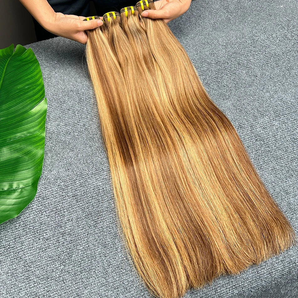 Double Drawn Straight Human Hair Bundles P4/27 Highlight Color Brown Honey Blonde 100% Virgin Hair Weaving Extensions For Women